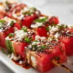 Colorful watermelon skewers with fresh fruits on a plate