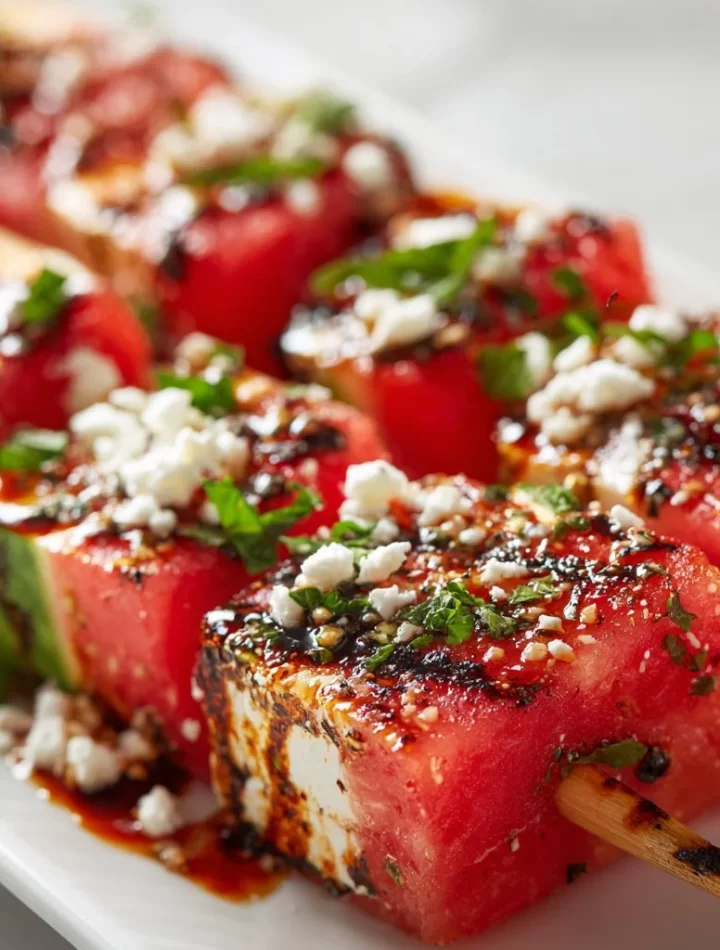 Colorful watermelon skewers with fresh fruits on a plate