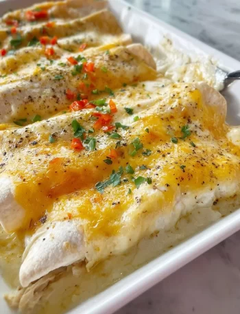Delicious white chicken enchiladas topped with creamy sauce and cheese
