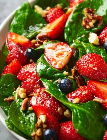 Fresh strawberry spinach salad with vibrant greens and juicy strawberries