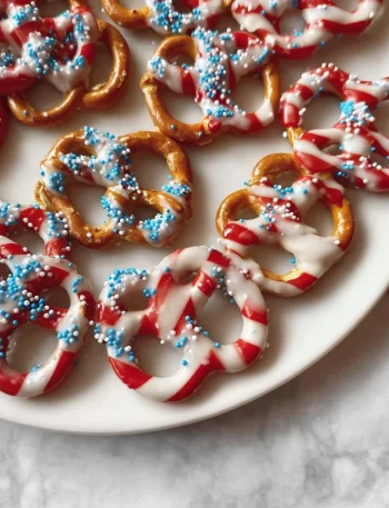 Delicious 4th of July Flag Pretzels decorated in red, white, and blue.