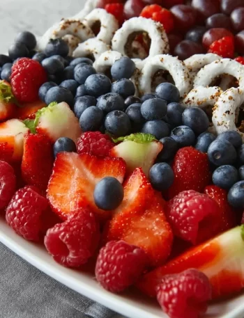 Colorful 4th of July fruit platter with red, white, and blue fruits.