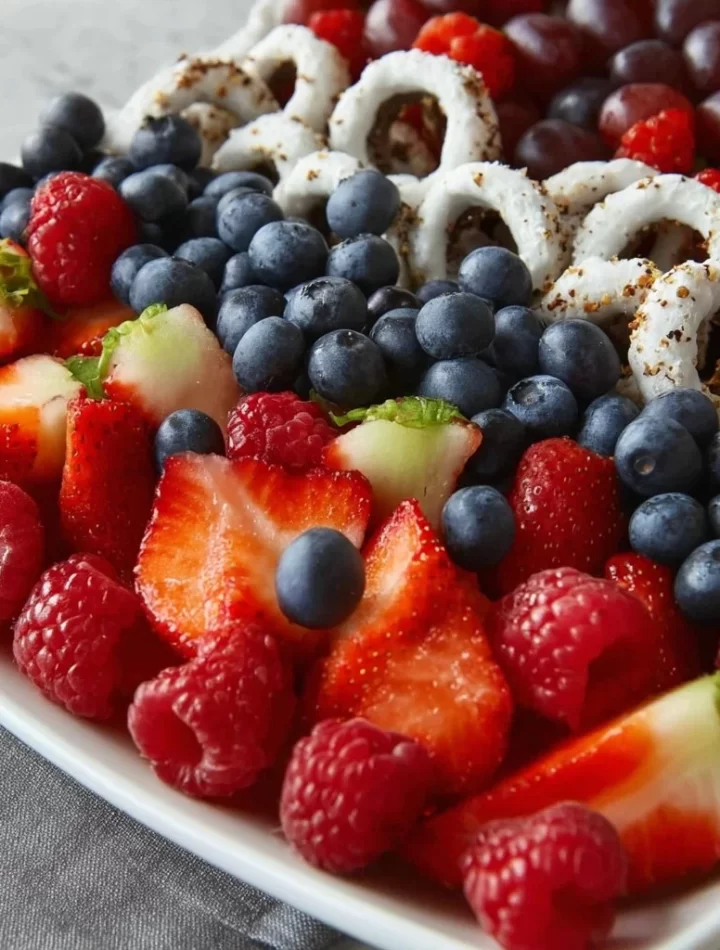 Colorful 4th of July fruit platter with red, white, and blue fruits.
