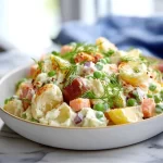 Bowl of authentic Russian Olivier Salad with fresh vegetables and ingredients