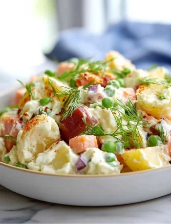 Bowl of authentic Russian Olivier Salad with fresh vegetables and ingredients