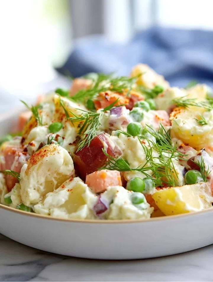 Bowl of authentic Russian Olivier Salad with fresh vegetables and ingredients