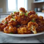 Sticky honey garlic cauliflower dish topped with fresh herbs