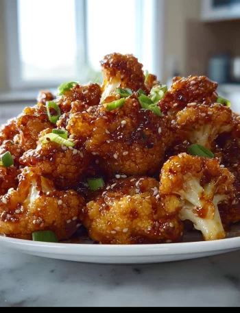 Sticky honey garlic cauliflower dish topped with fresh herbs