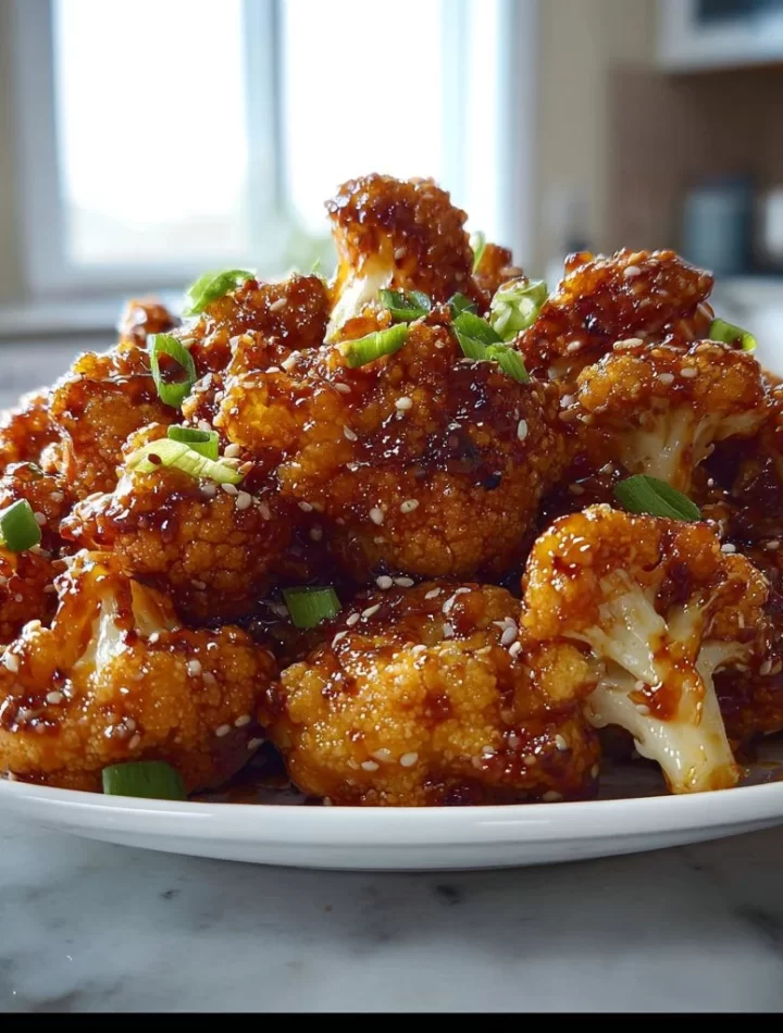 Sticky honey garlic cauliflower dish topped with fresh herbs