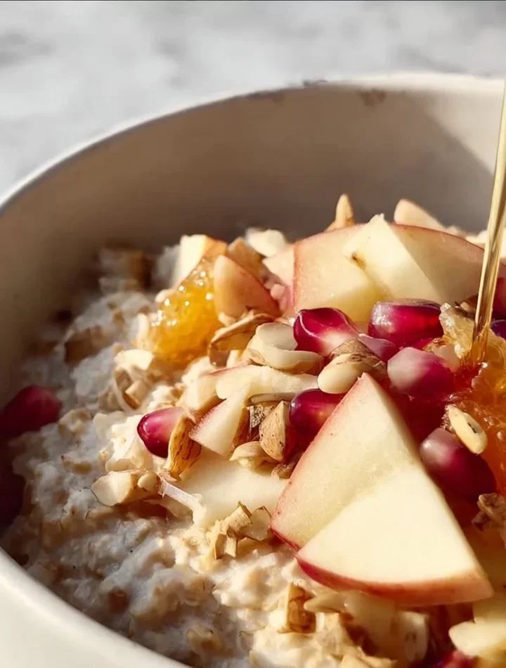 Bowl of warm apple cinnamon oatmeal topped with fresh apples and cinnamon