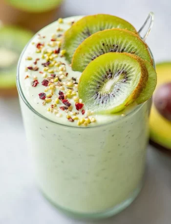 Avocado Kiwi Smoothie in a glass topped with kiwi slices