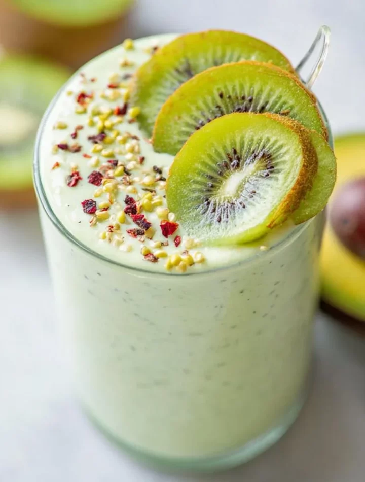 Avocado Kiwi Smoothie in a glass topped with kiwi slices