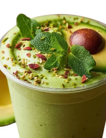 Fresh avocado smoothie with mint in a glass, vibrant green color.
