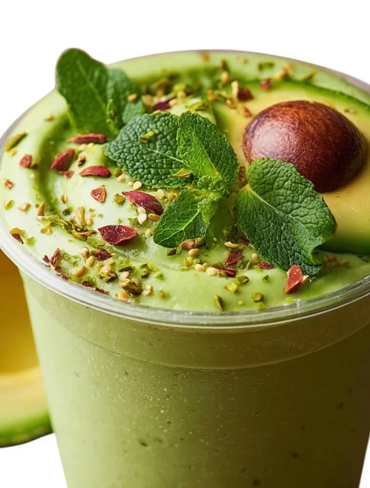 Fresh avocado smoothie with mint in a glass, vibrant green color.