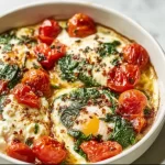 Baked feta eggs with tomatoes and spinach served in a skillet