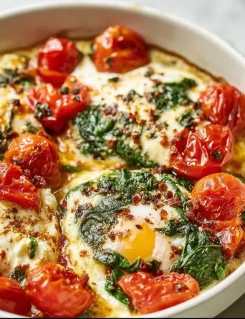 Baked feta eggs with tomatoes and spinach served in a skillet