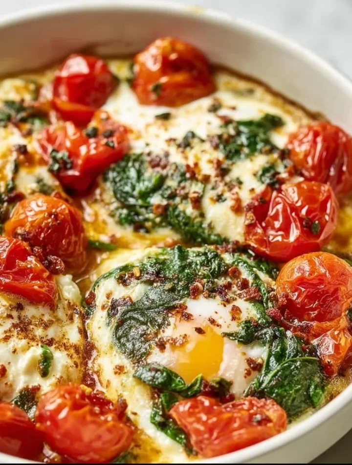 Baked feta eggs with tomatoes and spinach served in a skillet