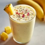 A refreshing Banana Pineapple Smoothie in a glass, topped with banana slices.