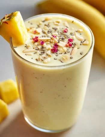 A refreshing Banana Pineapple Smoothie in a glass, topped with banana slices.