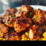 Grilled Blackstone BBQ chicken served with corn on the cob.