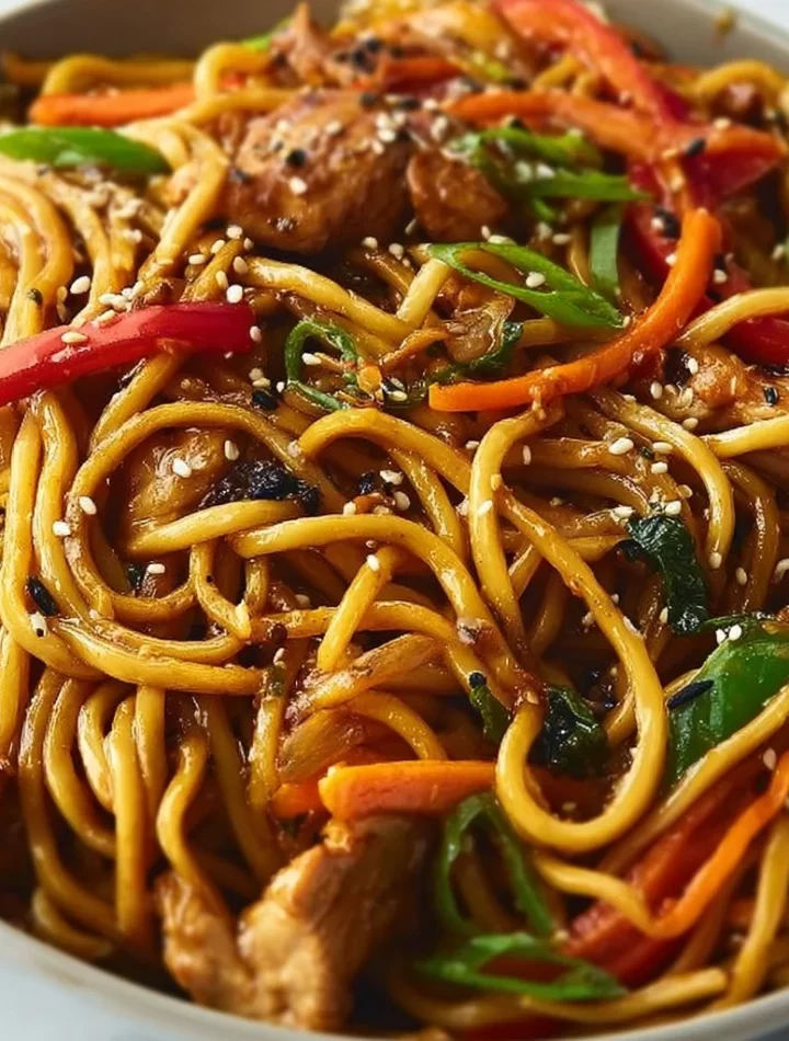 Delicious Blackstone Chicken Lo Mein stir-fried with colorful vegetables and noodles.