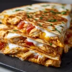 Blackstone Chicken Quesadillas served on a plate with toppings.