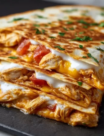 Blackstone Chicken Quesadillas served on a plate with toppings.