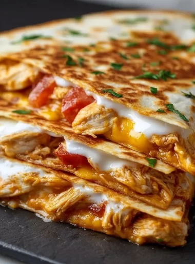 Blackstone Chicken Quesadillas served on a plate with toppings.