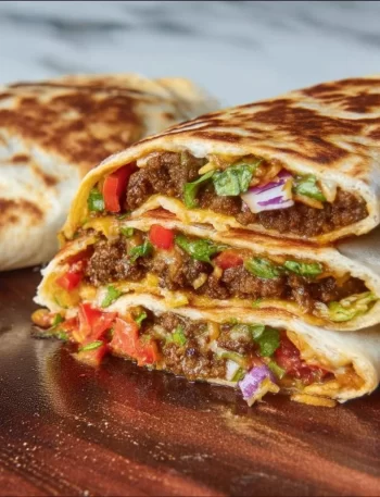 Homemade Blackstone Crunchwraps stacked with tasty fillings and crisp edges.