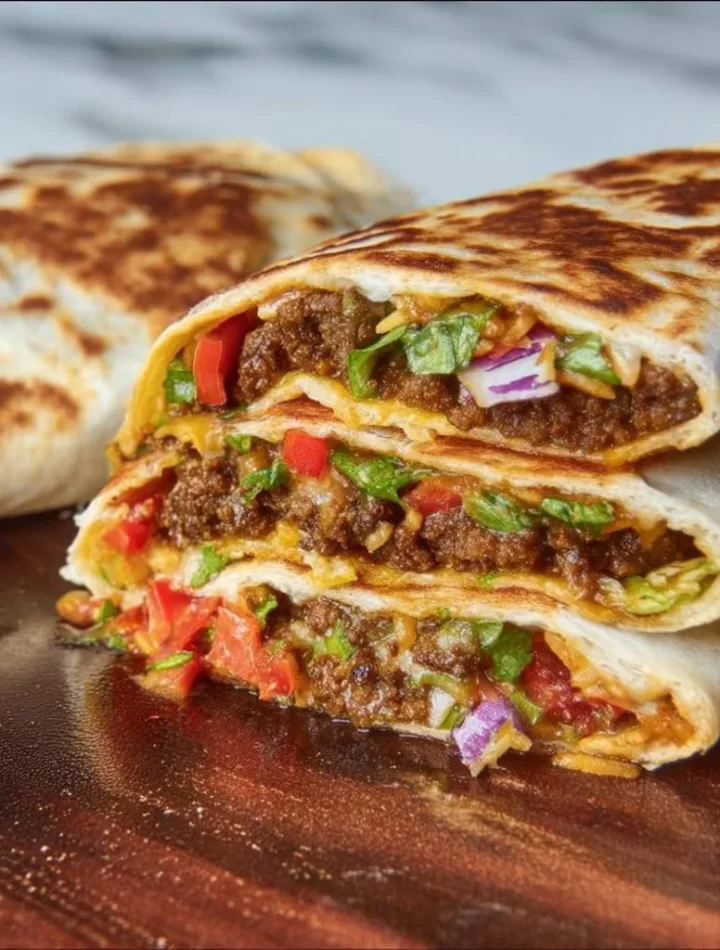 Homemade Blackstone Crunchwraps stacked with tasty fillings and crisp edges.