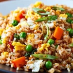 Plate of Blackstone Fried Rice with vegetables and protein on a colorful table.
