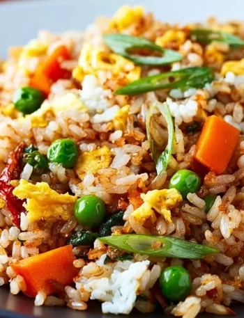 Plate of Blackstone Fried Rice with vegetables and protein on a colorful table.