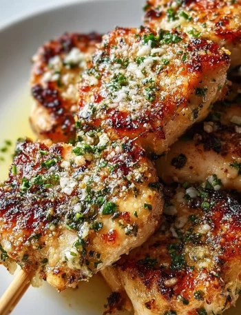 Delicious Blackstone Garlic Parmesan Chicken served on a plate with herbs