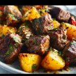 Blackstone garlic steak bites served with golden potatoes