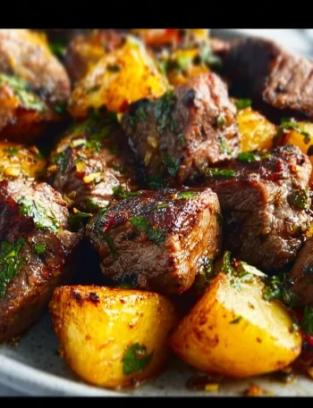 Blackstone garlic steak bites served with golden potatoes