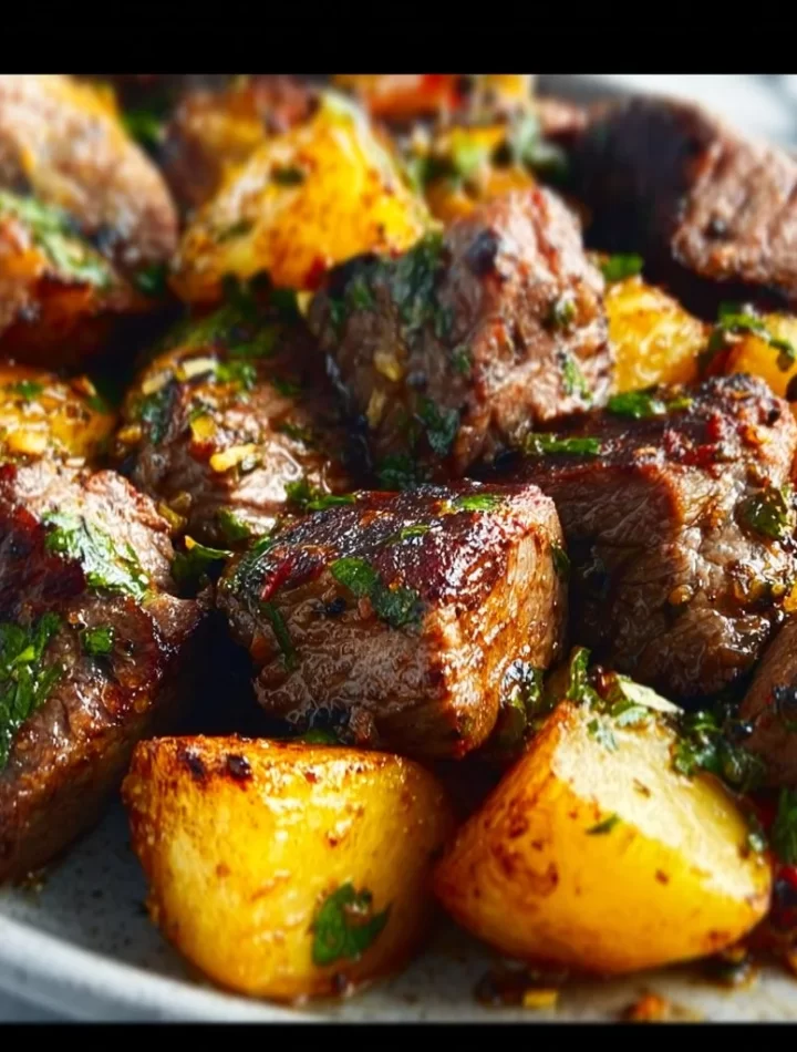 Blackstone garlic steak bites served with golden potatoes