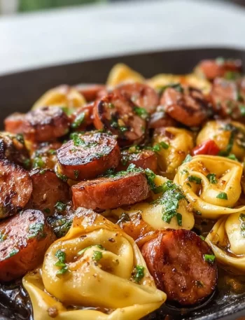 Blackstone grilled kielbasa with tortellini on a plate