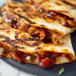 Blackstone Hot Honey BBQ Chicken Quesadillas served on a wooden platter