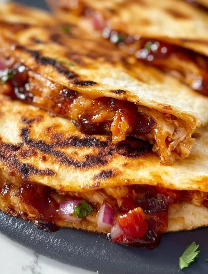 Blackstone Hot Honey BBQ Chicken Quesadillas served on a wooden platter