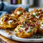 Plate of Blackstone Loaded Smashed Potatoes topped with cheese and green onions
