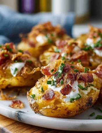 Plate of Blackstone Loaded Smashed Potatoes topped with cheese and green onions