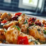 Plate of Blackstone Marry Me Chicken garnished with herbs and served with sides.