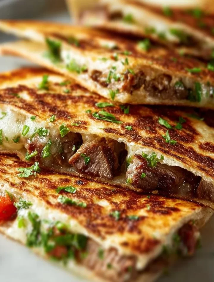 Delicious Blackstone steak quesadillas grilled to perfection.