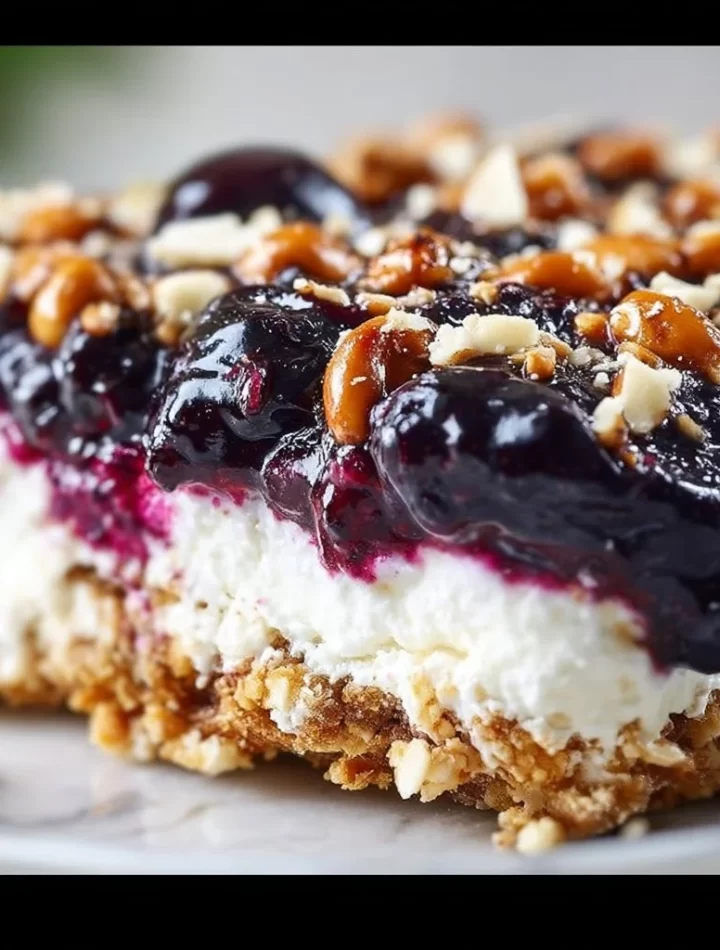 Delicious Blueberry Pretzel Salad dessert with a crunchy pretzel crust.