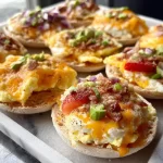 Freshly toasted breakfast English muffins topped with butter and jam