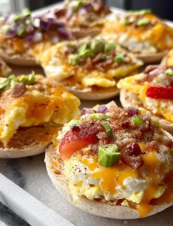 Freshly toasted breakfast English muffins topped with butter and jam