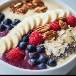 Colorful breakfast smoothie bowl topped with fresh fruits and nuts