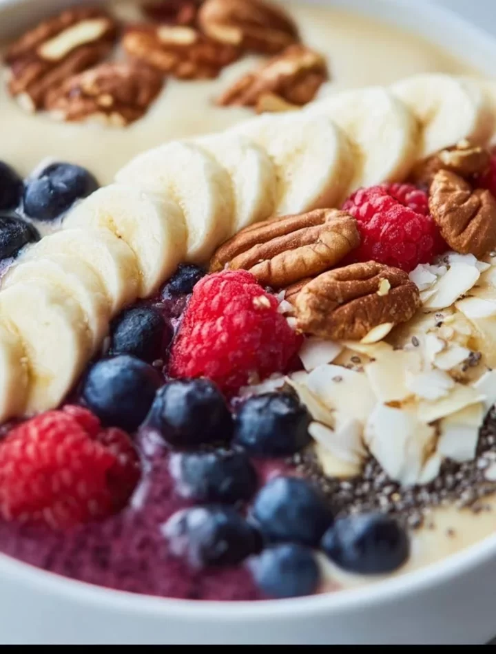 Colorful breakfast smoothie bowl topped with fresh fruits and nuts