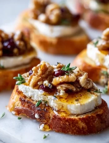 Elegant Brie crostini with honey and walnuts on a serving platter