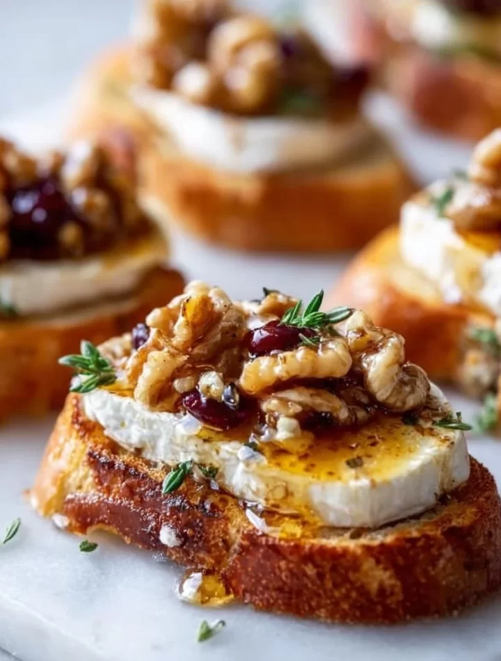 Elegant Brie crostini with honey and walnuts on a serving platter